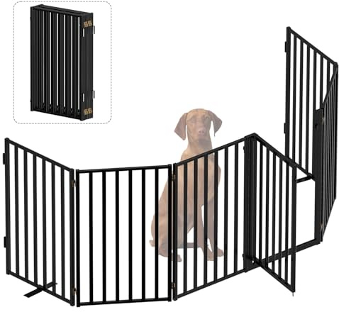 Portable Dog Fence with Door for Indoor Outdoor Use, Free Standing Dog Gate Foldable Design, Metal Black 32 Tall, Expandable 6 Panels Use for Yard, Stairs, Front