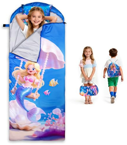 ETGLCOZY Sacco a pelo per bambini con cuscino, tappetino per pisolino più grande, per ragazze e ragazzi, lavabile, arrotolabile, perfetto per campeggio, zaino in spalla, asilo nido, viaggi prescolari