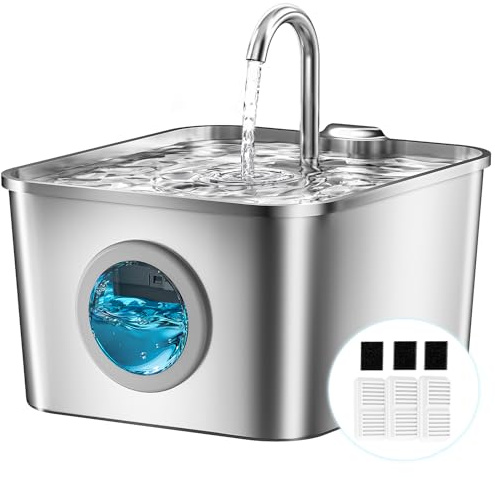 Katzenbrunnen Edelstahl Trinkbrunnen für Katze: 2,6L Katzentrinkbrunnen mit Kabel, Ultra leise Wasserbrunnen für Katzen mit Wasserstandsfenster, LED, Aktivkohlefilter, 3 Filter + 3 Sponges