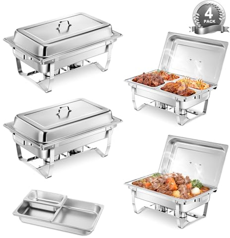 Chafing Dish Buffet Set 4pcs Edelstahl Warmhaltebehälter, 9L Speisewärmer, Wärmebehälter Rechaud, Buffet Wärmer für Catering Party(2x GN-Behälter 1/1, 2x GN-Behälter 1/2 und 4x GN-Behälter 1/4)
