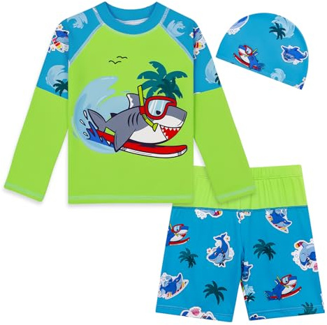 MASOCIO Traje de Baño Niño 3 Piezas Bañador Camiseta Agua Surf de Manga Larga Pantalones Cortos y Gorra Bebe Proteccion Solar UV UPF 50+ Secado Rapido Natacion Piscina Playa 2-3 Años Multicolor 3