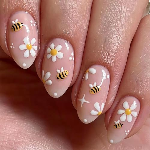 Spring Summer Daisy Press on Nails Short Almond Fake Nails Cute Little Bee False Nail Design Nude Pink Glossy Acrylic Nails for Women Girls DIY Manicure Decoration 24Pcs
