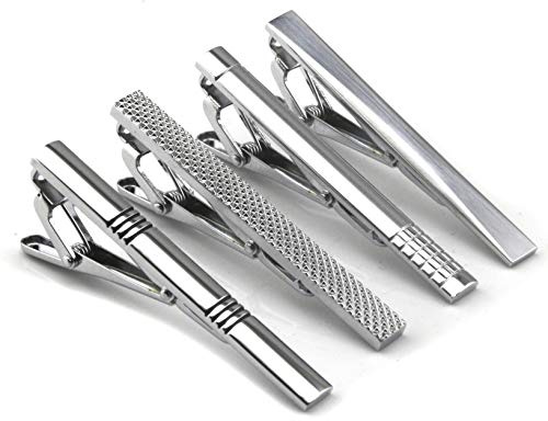 Lystaii 4pcs Tie Tack Pins Tie Clips for Men Father's Day Gift Silver Necktie Bar Pinch Clip Set 2.3 Inch Metal Clasps Business Professional Fashion Designs