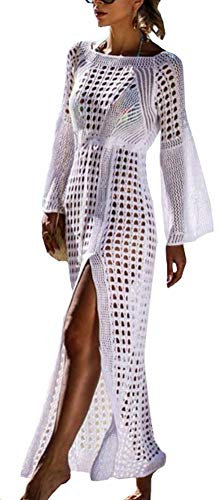 FSMO Damen Langarm Strandkleid Gestrickte Schlitz Bikini Cover Up Strandponcho Sommer Lange Kaftan Maxikleid (Einheitsgröße, Weiß)
