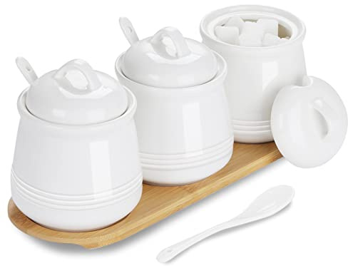 HAOTOP Porcelain Condiment Jar 3 Pack Set with Tray, 12 Ounces White