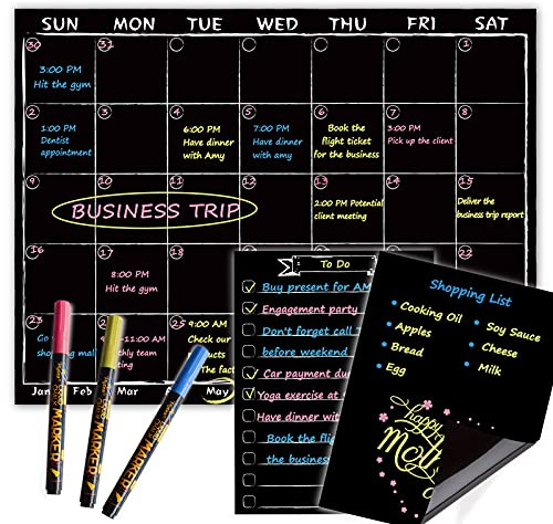 Magnetic Chalkboard Monthly Calendar with neon Bright Liquid Chalk Markers – Black Refrigerator Monthly Planning Board w/Bonus - Grocery List and Notepad for Kitchen Refrigerator
