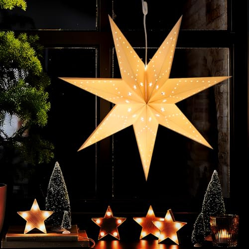 Papiersterne Weihnachten Beleuchtet, Weihnachtsstern Beleuchtet LED 60cm, Leuchtsterne Weihnachten, Weiß Papierstern zum Aufhängen, Faltstern für Weihnachts Adventsstern Silvester Fensterdeko A4-2