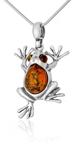 AMBEDORA Collana da donna Frog I, argento sterling ossidato, ambra baltica naturale color cognac, ciondolo in argento con catena