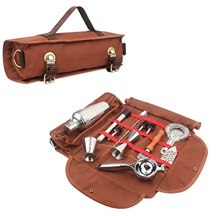 Hosoncovy Barkeeper-Tasche Reise-Barkeeper-Kit-Tasche mit Schultergurt Barware-Set Rolltasche für die Aufbewahrung von Reisen, Camping, Picknick, Partys, Cocktailherstellung (Leere Tasche) (Braun)
