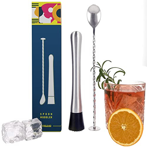 Pestello Cocktail Mojito Bar Spoon, Set di Muddler Barman e Cucchiaio Cocktail in Acciaio Inox, Pestino Metallo per Drink, Cucchiaio con Manico Lungo, Pesta un Mojito o Miscela una Caipirinha