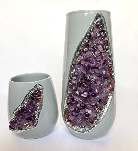 Grey and Gold Ceramic Vase/Planter/Pot/Wine Goblet/Mug with Purple Amethyst Semi - Precious Agate Crystal Gemstones |Large(Height 8 inch), (Silver - Finish)