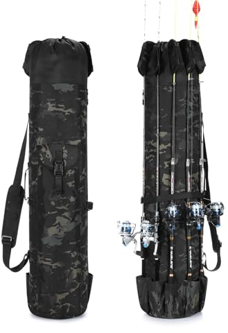 Wowelife Sac de Transport pour Canne à pêche - Sac de Rangement pour matériel de pêche et Voyage - Cadeau de pêche pour Homme, Famille, père, Fille et Amis, Caomo Noir, Extérieur