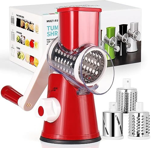 Diealles Shine Grattugia per Formaggio Rotante, Taglia Verdure Manuale Mandolina per Verdure con 3 Acciaio Inox Pale Tamburo per Cucina Verdure, Patate, Carote, insalate, Tritatutto (Rosso)