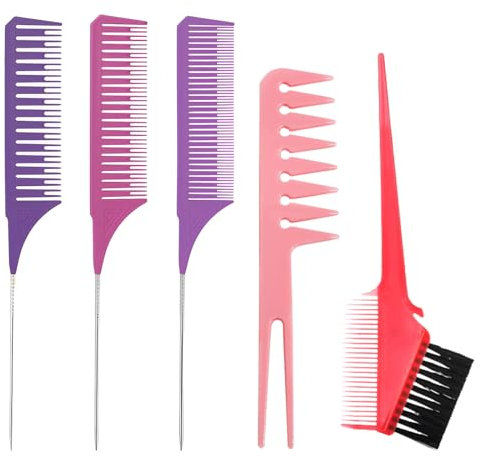 wohn&lebe 5 Stücke SträHnenkamm, Strähnchen Comb 3 Farbe Hair Strähnenkamm Doppelseitiger Backölkamm Stielkamm Nadelstiel Friseur Kamm, Professionelle Antistatische Highlight Kamm für Färben Styling