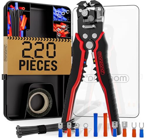 MONZANA® Abisolierzange 3in1 Set 220-teilig Zubehör Box 0,2-6mm² Stahl Automatisch Isolierband Kabelbinder Elektro Abisolierwerkzeug Crimpzange Kabel
