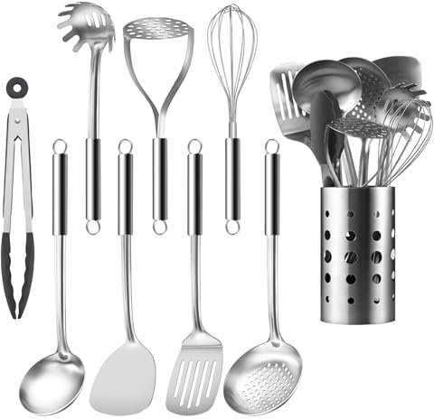 Pleafind Set di 9 utensili da cucina, in acciaio inox, con mestolo, cucchiaio per zuppa, paletta, spatola per wok, pasta server, schiacciapatate, frusta