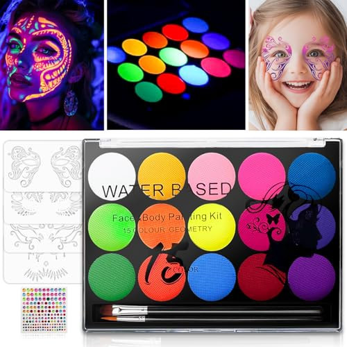 Kinderschminke Fasching,15 Farben Theaterschminke Gesichtsfarben Kinderschminken,UV Bodypainting Farben Face Paint Kids,Schminke Karneval Fasching Kinderschminke Wasserbasis,Faschingsschminke Kinder