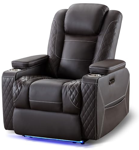 TUNYI Home Theater Recliner Chair - Power Recliner Sofa Chair with Adjustable Headrest Faux Leather Reclining Chair with USB/Storage/LED Light/Cup Holder (Brown, 1 PC)