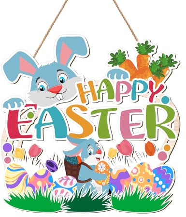 Panneau de porte en forme de lapin avec œufs de Pâques Décoration de porte d'entrée Panneau en bois pour porte d'entrée Couronne de bienvenue Couronne de Pâques en bois Décorations