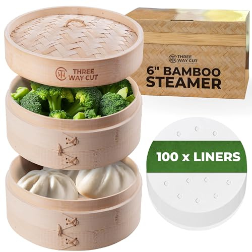 6 Dumpling Steamer & 100 Parchment Liners Set - Extra Deep Bamboo Steamer