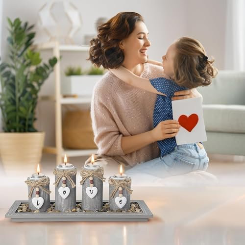 GoMaihe Tealight Candle Holders with Tray: 3-Pcs Wooden Candlestick Set for Wedding Dining Table Centrepiece Decor, Gift for Mum Birthday Present, Romantic Home Decor, Heart