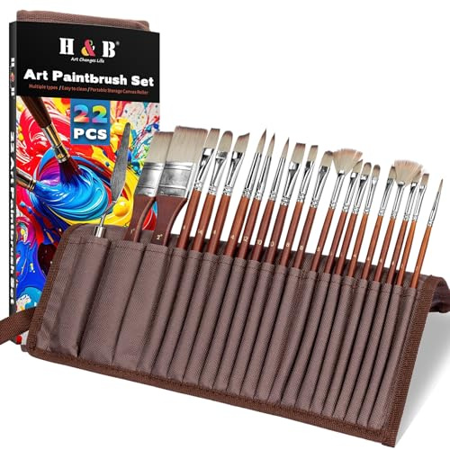 H&B 22pcs Professional Paint Brushes Set for Acrylic, Oil, Watercolor - Synthetic Hair Artist Brushes with Fine Detailing - Canvas, Wood, Ceramics Kit (Brown)