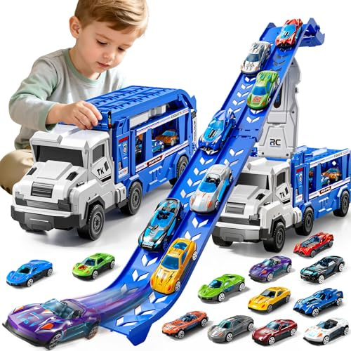 GOGIHCCH Camión transportador 3 en 1 para niños de 2 a 4 años con 12 juguetes de autos de carreras, pista de carreras plegable y garaje de coche, rampas de coche, regalo de cumpleaños para niños y