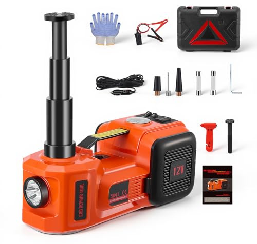 Haedswer Cric Idraulico Elettrico 5T 12V con Compressore per Pneumatici e Luce LED da Lavoro per il Cambio Gomme e l'Officina – Corsa Utile 15-54 cm – Per SUV, Monovolume, Berline, Camion