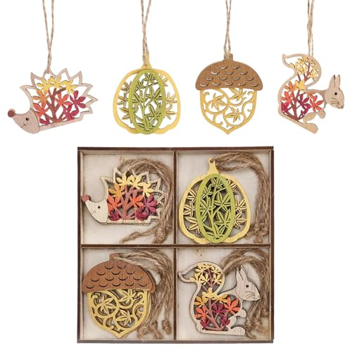 GWAWG 24 Pezzi Decorazione Autunno in Legno Riccio Scoiattolo Mela di Pino Zucca 6 cm Decorazione della Finestra da Appendere per Ringraziamento Decorazione Colorata con Cordino per Appendere