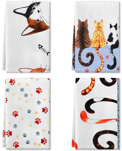 Ecofocet 4 Piezas Paños de Cocina, Patrón de Gato Toallas de Cocina, Suaves y Absorbentes, Toallas de té, Toallas de Barra, Trapos de Cocina, Decoración de Cocina, 45 x 66 CM