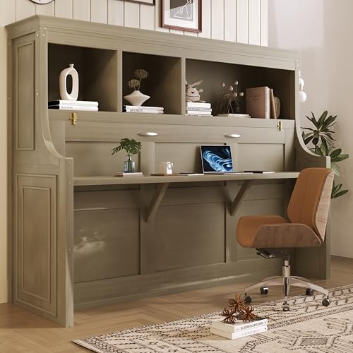 VilroCaz Twin Size Murphy Bed with Desk and Storage Shelves, Multifunctional Wood Cabinet Bed Frame for Home Office & Small Rooms, Space-Saving (Grey Wash-sw)
