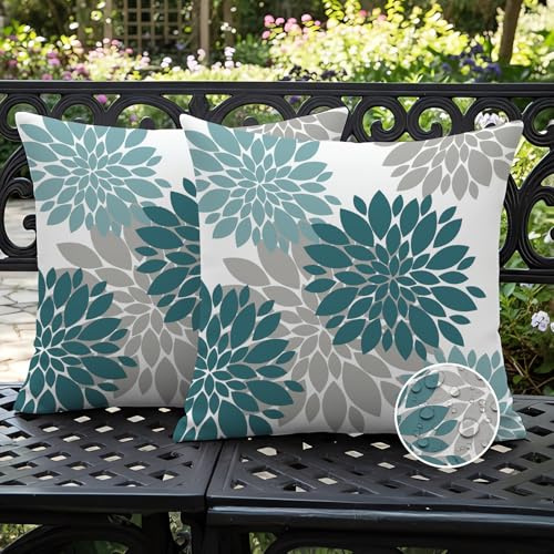 Ardjxue Set med 2 vattentäta kuddfodral - 50 x 50 cm - Påfågelblå - Grå - Dahlias - Dekoration för soffa - Dubbelsidig - Modern - För utomhus, vardagsrum, soffa, utomhus