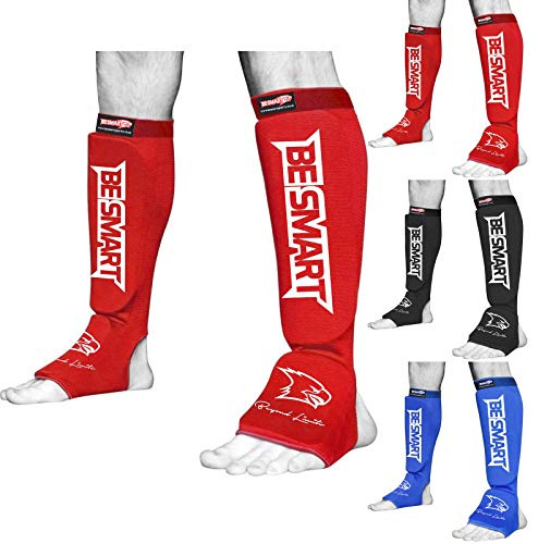 Protège-tibias et cou-de-pied pour MMA, muay thai, kickboxing (rouge/blanc, taille M)