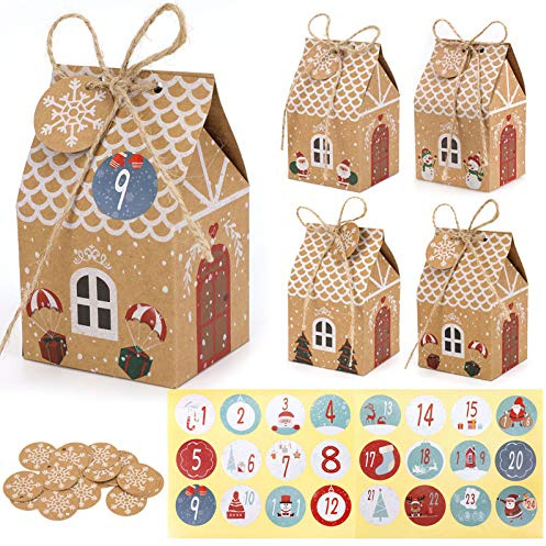 HOWAF Calendario de Adviento, 24 Cajas Regalo de Calendario Navidad, Bricolaje Kraft Cajas Bolsa de Casa Forma con 24 Número Pegatinas, Copo de Nieve Etiquetas de Regalo, Cuerda