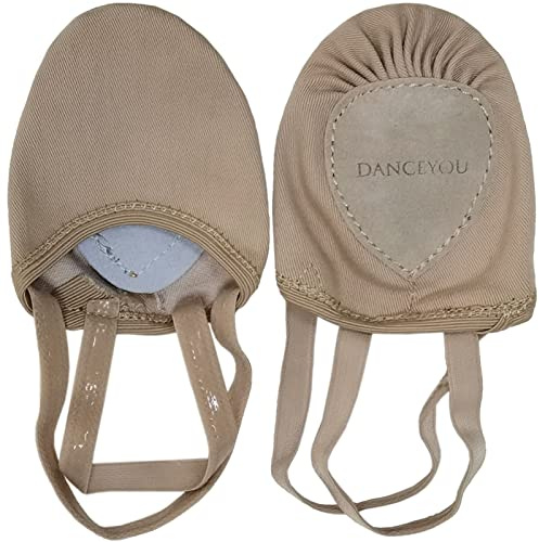 DANCEYOU Stretch Canvas Lyrical Shoes for Girls Womens Half Soles Pirouette Contemporary Turners Dance Shoes, Tan, XS