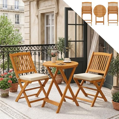 GOPLUS Juego de Mesa y Sillas para Jardín 3 Piezas, 1 Mesa Redonda y 2 Sillas Plegables con Cojines, Muebles Jardin de Madera de Acacia para Exterior Terraza Patio Bistro Piscina (Beige)