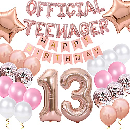 Officiella Tonåring 13-års Födelsedagsdekorationer för Flickor - Roséguld Nummer 13, Födelsedagsstjärna Folie & Konfettiballonger