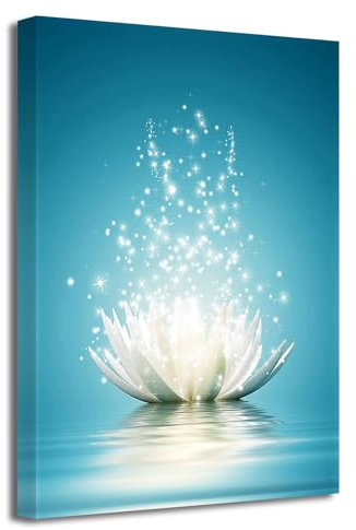 LZIMU Zen Bild auf Leinwand weiße Lotusblume Blüte im Wasser Kunstdrucke Wanddekoration Gerahmt blaugrünes Bilder für Yoga Spa Meditation spirituelle Raumdekoration(2, 30x45cm)