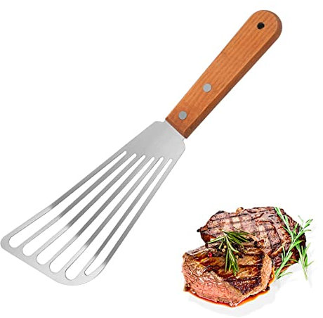 Espátula de Pescado,Espátula para Huevos,Espátula de Acero Inoxidable Espátula Ranurada con Mango de Madera Perfecta para Cocinar Pescado, Huevo, Freír y Asar