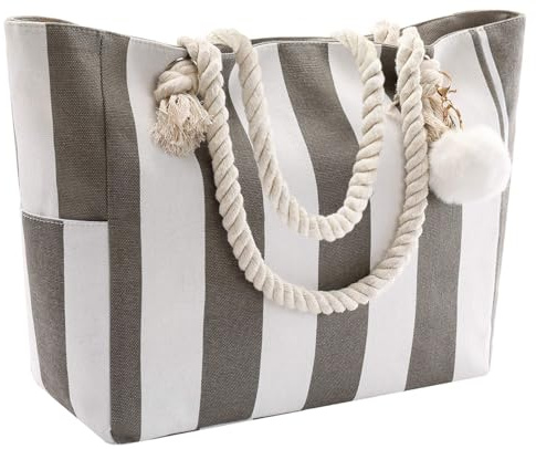 crazy bean Borsa da Spiaggia in Tela Grande Donna con Chiusura Zip Beach Tote Bag Corda Ruvida Tessuto Shopper Viaggio Tracolla (Verde Strisce)