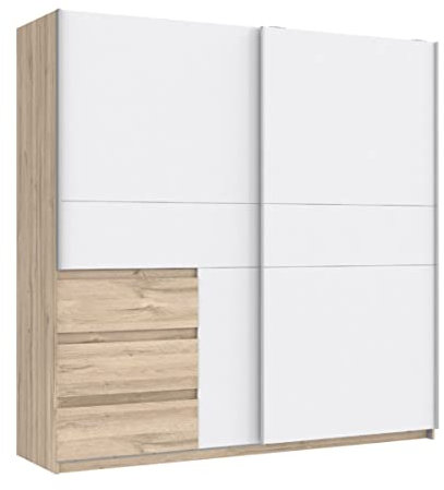 Home Heavenly® - Armario de 2 Puertas correderas + cajonera integrada Colette. Armario Blanco y Roble Mucho almacenaje Dormitorio vestidor. (200 cm Ancho)
