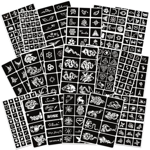 Lot de 20 pochoirs de tatouage, réutilisables au henné, pour enfants et adultes, pour le visage, l'art du visage, les paillettes, le visage, le corps, les tatouages