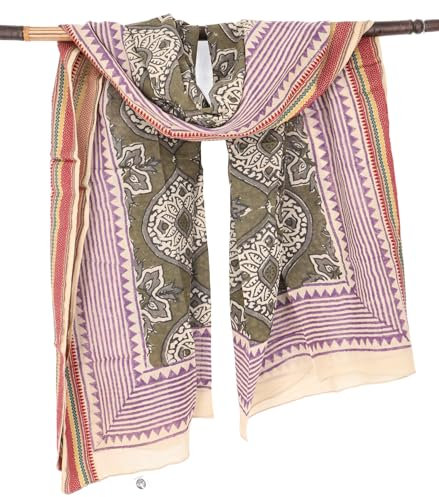 GURU SHOP Leichter Pareo, Sarong, Handbedrucktes Baumwolltuch, Lungi mit Webbordüre - Olive/pink, Herren/Damen, Baumwolle, 190x120 cm