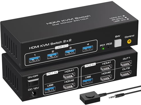Dual Monitor KVM Switch 2x2 HDMI 2.1, 8K60Hz 4K 144/120Hz 4xUSB-A 3.1 5Gbps