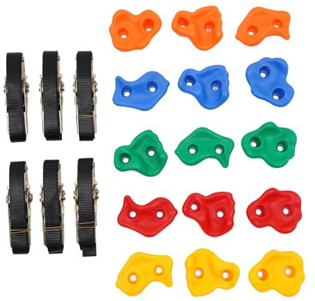 SuhoFutus Klettersteine, Kinder Klettersteine Kit mit 15* Bunt Klettersteine und 6* Ratschengurte, Klettergriffe für Felswände, Belastbar bis 100kg, für Indoor/Outdoor Klettern Übungen