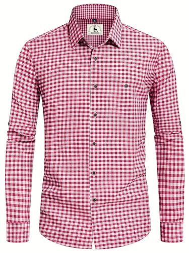 KOSMEEU Traditionell skjorta för män, oktoberfest, skjorta, outfit, rutig, skjorta, grön, blå, röd, traditionella skjortor, kortärmad, fritidsskjorta, långärmad, rutig skjorta bomull, röd, M