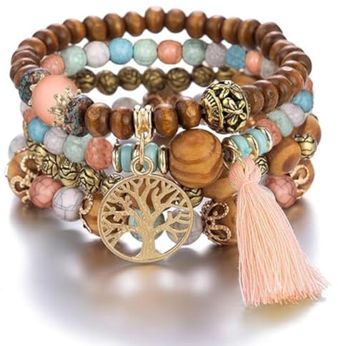 LICHUANUK Set di 4 Braccialetti in stile bohémien, Braccialetto multistrato di Legno Perline, braccialetti da donna con albero della vita, nappe set di braccialetti, per donne e ragazze