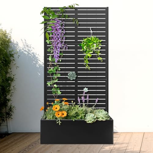 FENCY Metal Raised Garden Bed with Trellis, Metal Planter Box with Trellis, Garden Box for Climbing Plants Vegetable, 35 Lx16 Wx71 H Garden Bed with Drainage Holes(Black-Louvered)