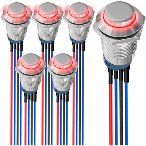 MKBKLLJY 6 st. 12 mm tillfällig röd LED Push Button Switch Sliver Shell DC 12 V 3 A 4 stift 1NO SPST IP65 vattentät rund metallbrytare rostfritt stål knapp med förtråd för bil- bil marin båt