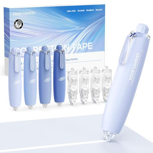 Four Candies Refillable Retractable White Correction Tape, 4PCS Smooth White Pull-Out Tape with 4 Extra Refills, Easy to Use Applicator for Instant Corrections for Office, School Supplies (Blue)